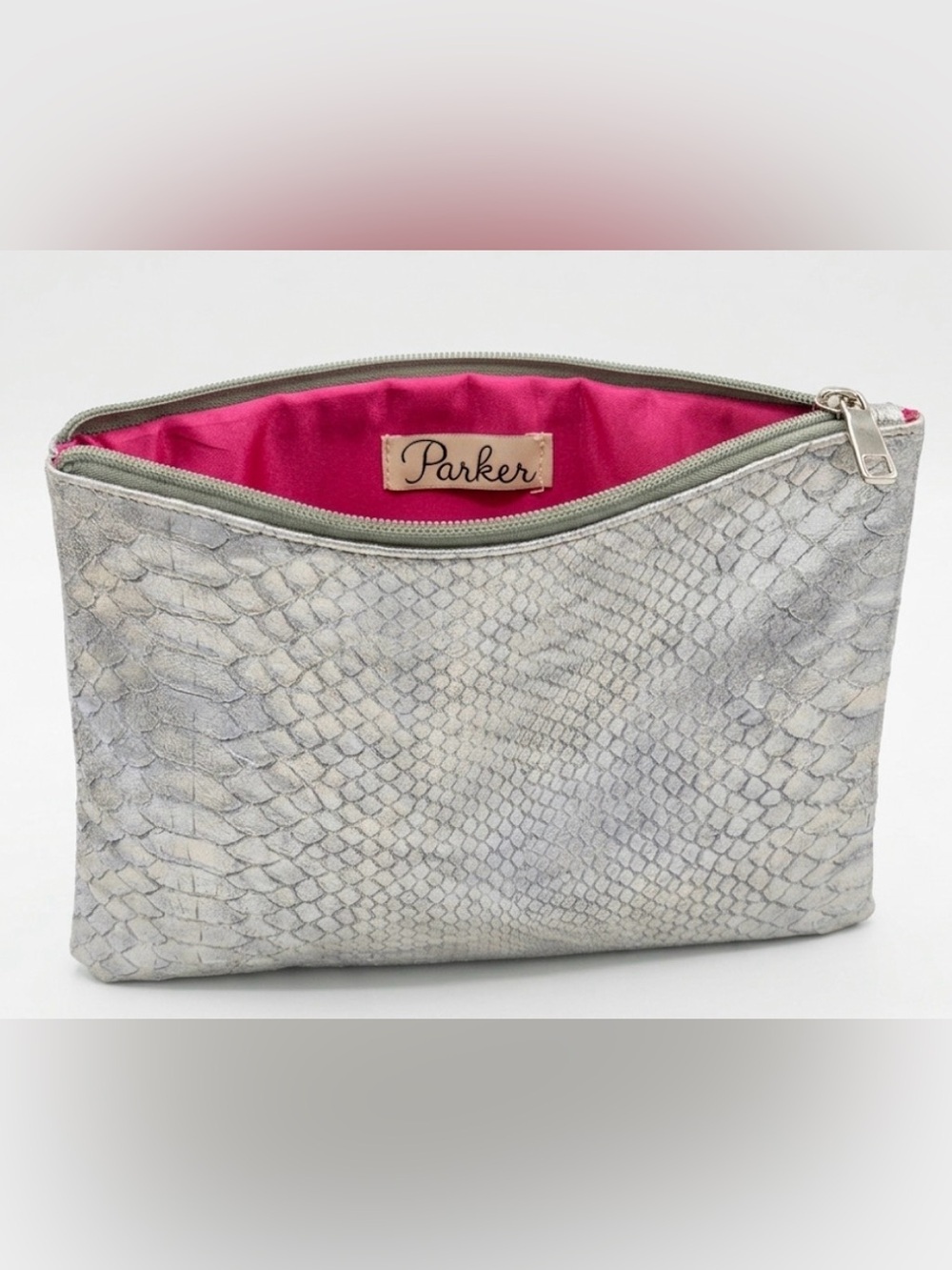Parker Metallic Silver Python Embossed Cosmetic Bag Pouch - Hot Pink Lining